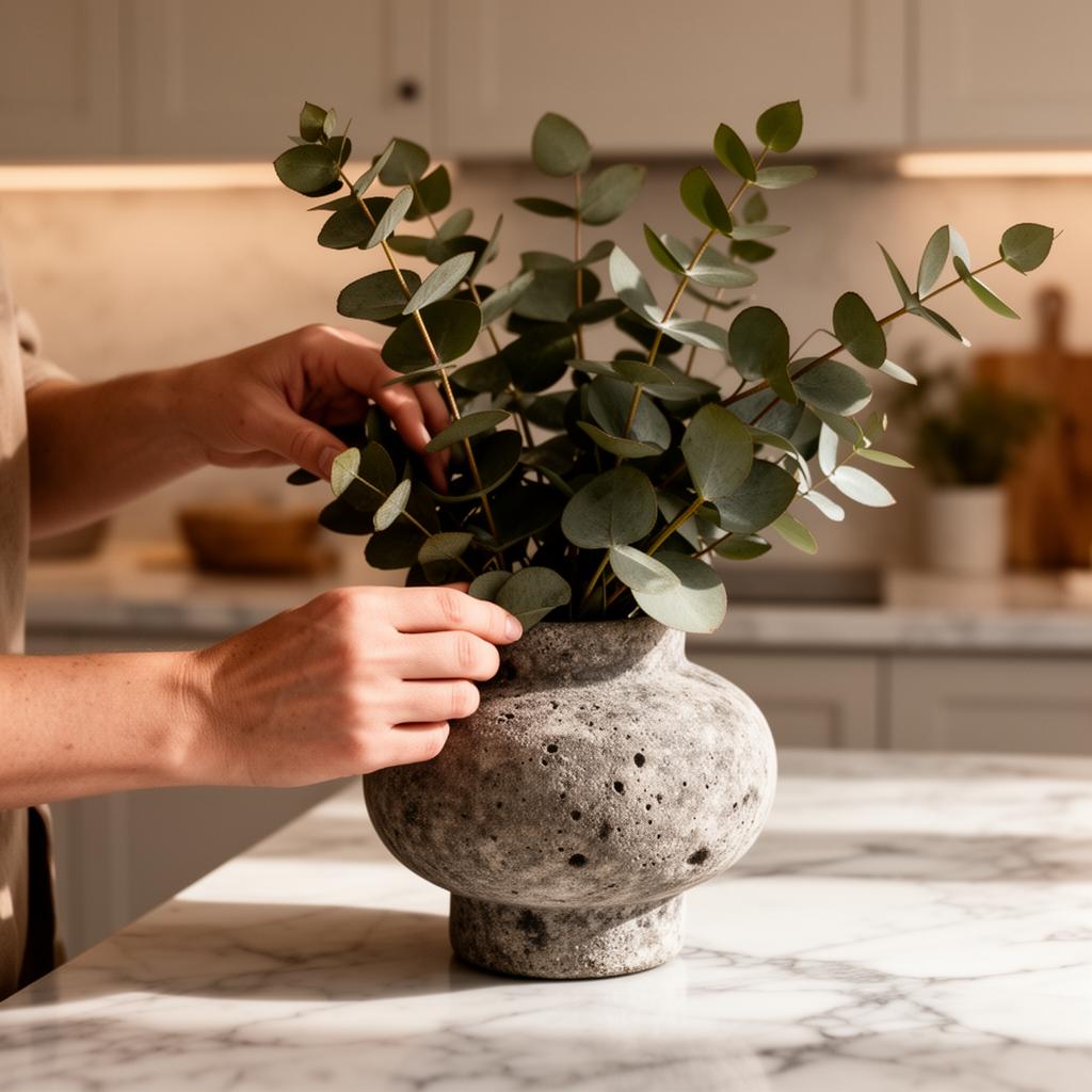Crisp white linens with eucalyptus